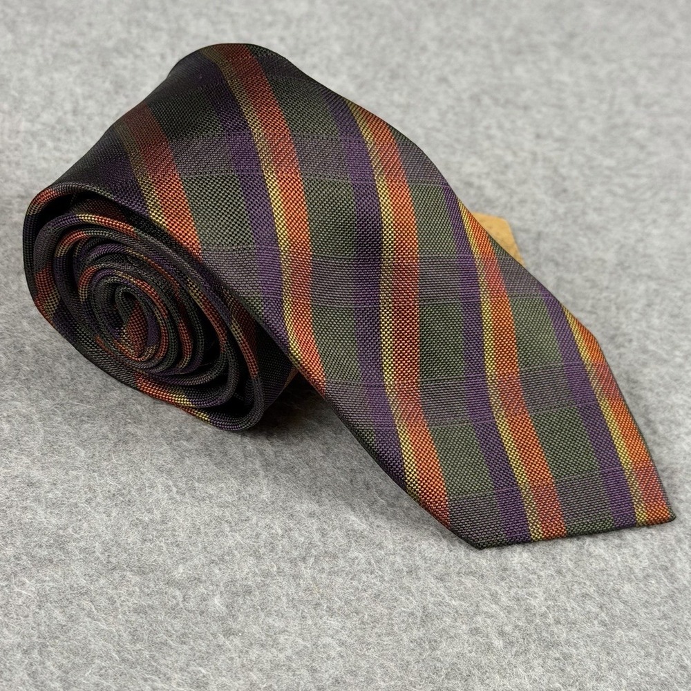 Onassis 100% Silk Skinny Tie Green Purple Orange Textured Stripe NWT 58x2.5"